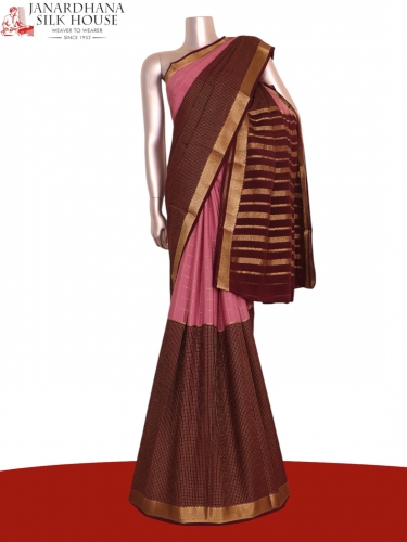 Exclusive Zari Checks Half and Half Mysore Crepe Silk Saree-Double Pallu 